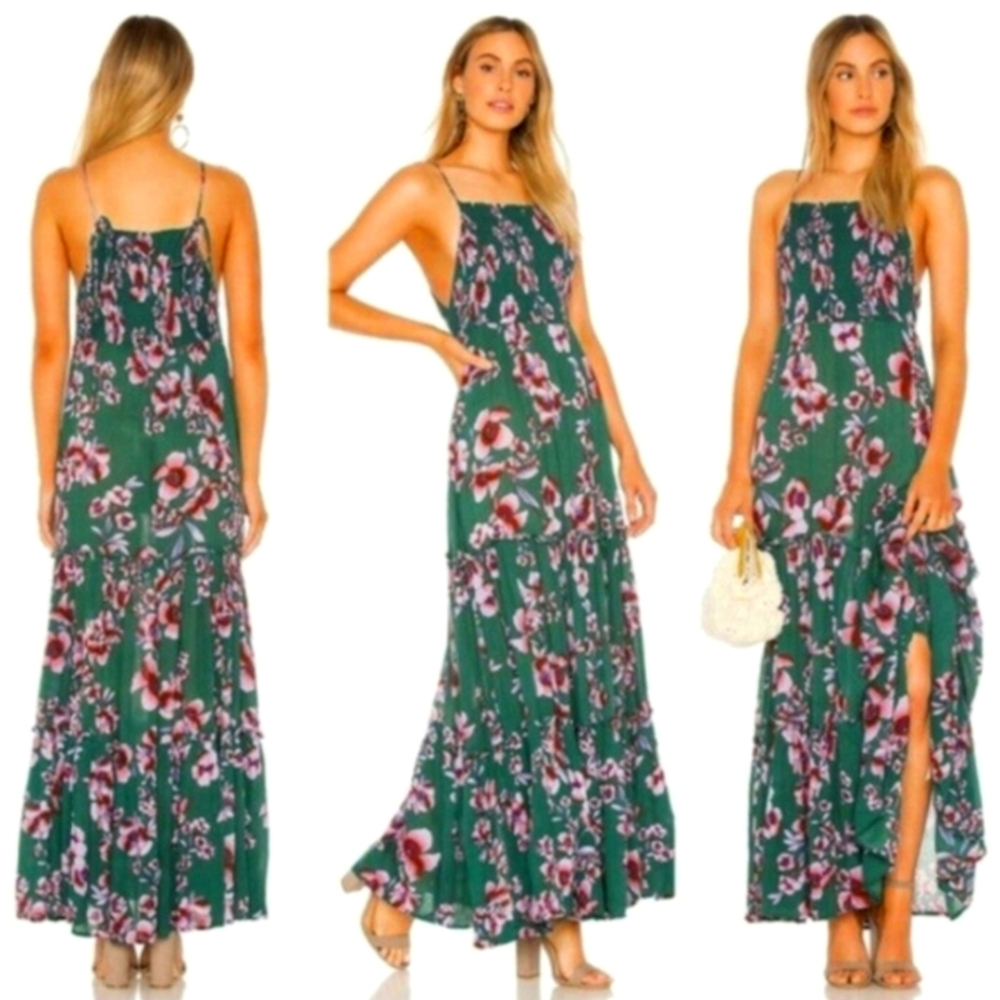 Intimately Free People Green Floral Long Dress. Beach. Summer Maxi Tie Straps